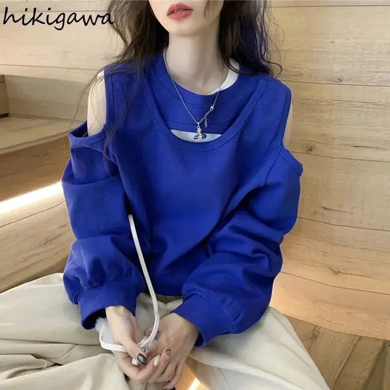 Cotton Off Shoulder Hoodies for Women Loose Long Sleeve Crop Tops Solid Color Hollow Out Sweatshirts Fashion Casual Y2k Clothes