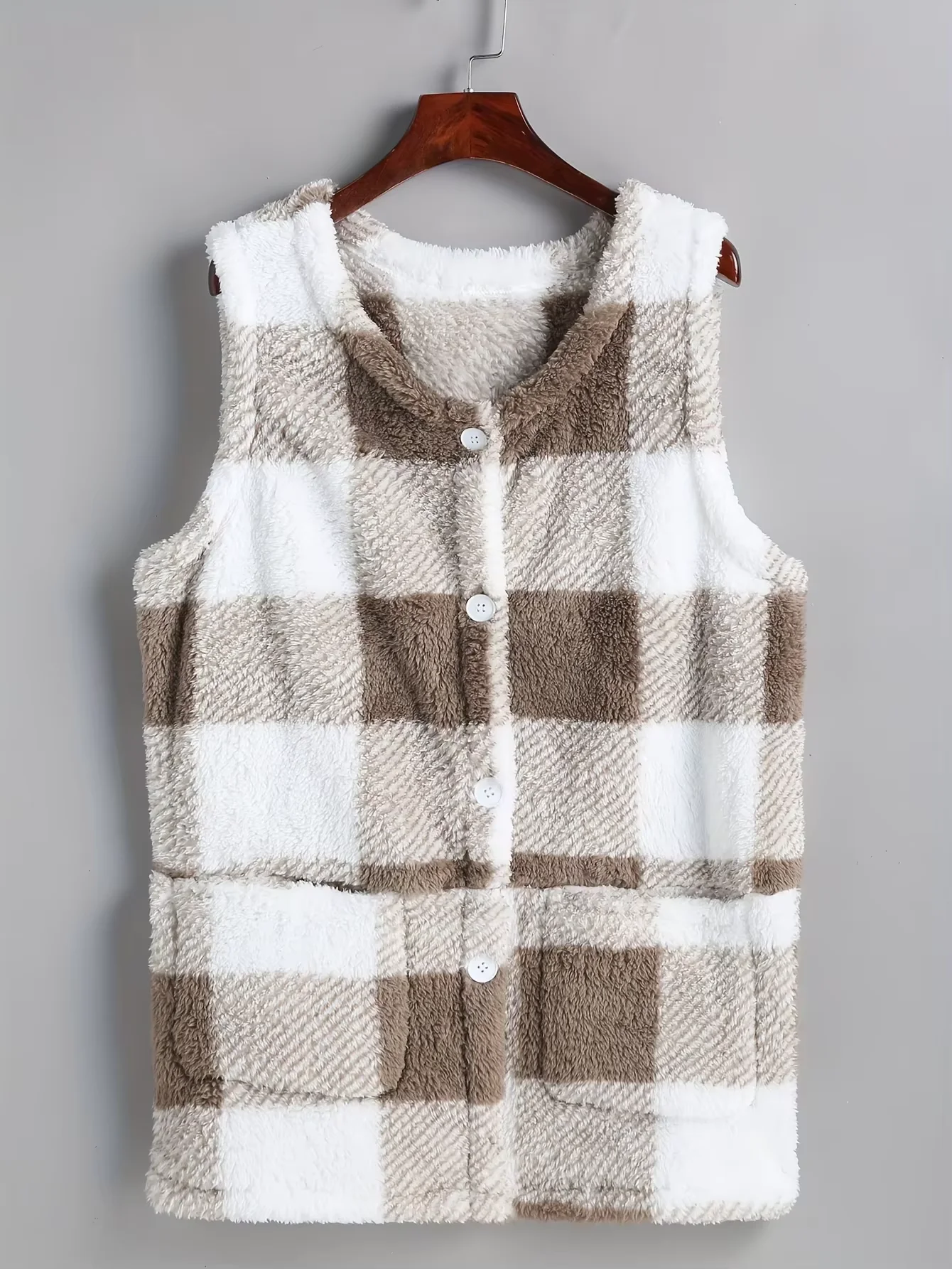 

Европейская и американская мода, осенне-зимний новый женский повседневный клетчатый плюшевый жилет без рукавов больших размеров, пальто