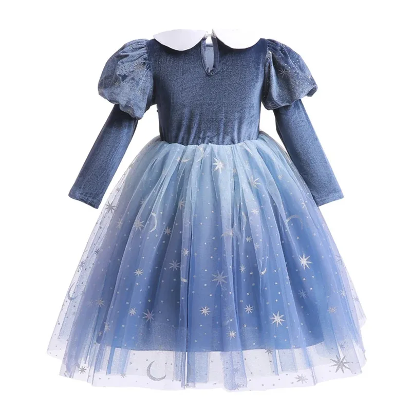 Gaun Putri Lengan Panjang Elsa Kostum Ratu Salju Anak-anak Gaun Jaring Payet Anak Perempuan Pakaian Pesta Halloween Ulang Tahun Anak-anak