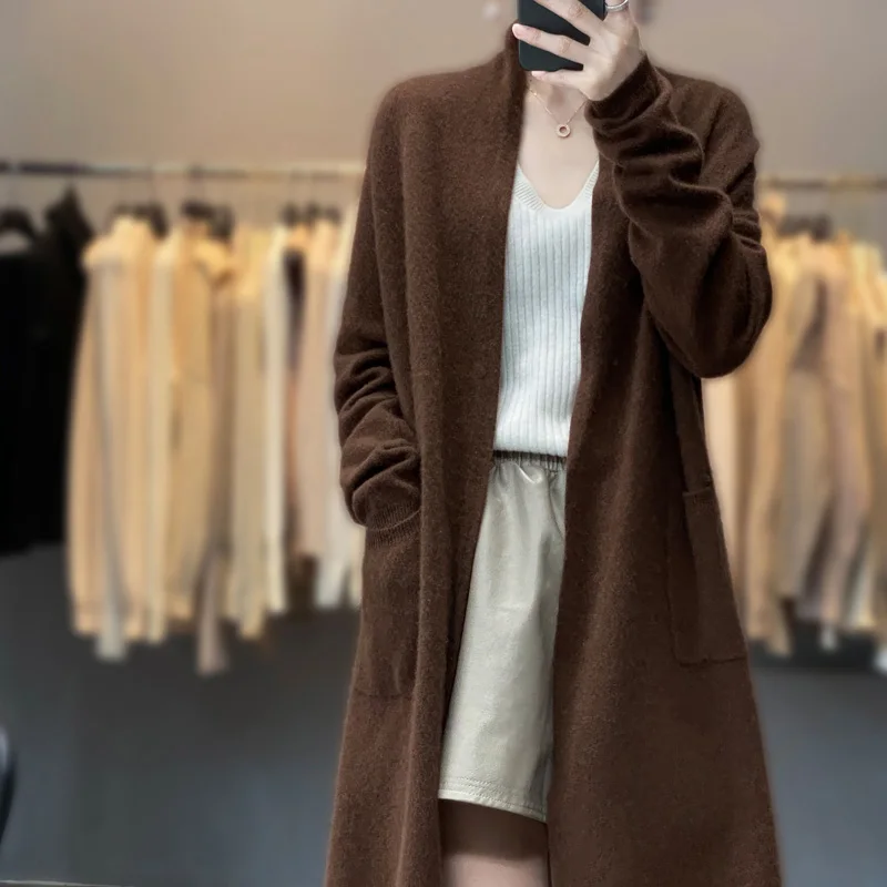 

2025 100% Merino Wool Long Simple Cardigan Sweater High-quality Casual Simple Loose Long Women Autumn Winter Cashmere Knitwear