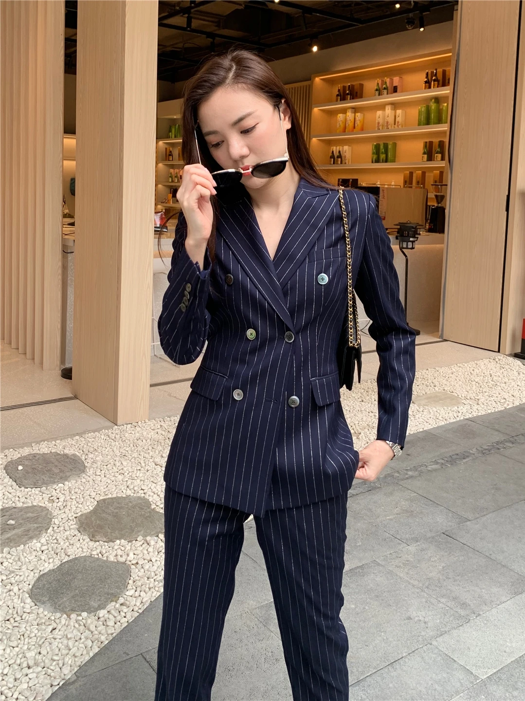 

Женский костюм Ele Slim Fit с сине-серебристыми полосками, профессиональный корейский стиль, осенний, модный, как у интернет-знаменитостей