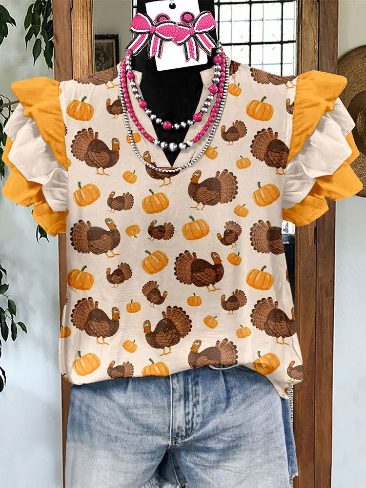 Thanksgiving Turkey Pumpkin Print Flying Sleeve Top Women Blouses