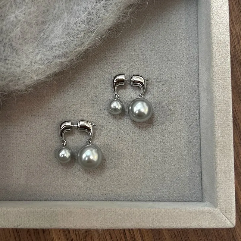 Japan and South Korea Silver Color Front and Back Hanging Imitation Gray Pearl Earrings Women's Universal Daily Jewelry Earrings