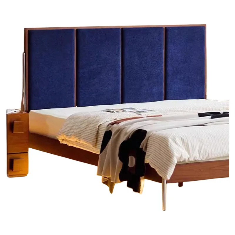 

Nordic retro, soft bag solid wood bed, fabric with lamp, small apartment log, master bedroom