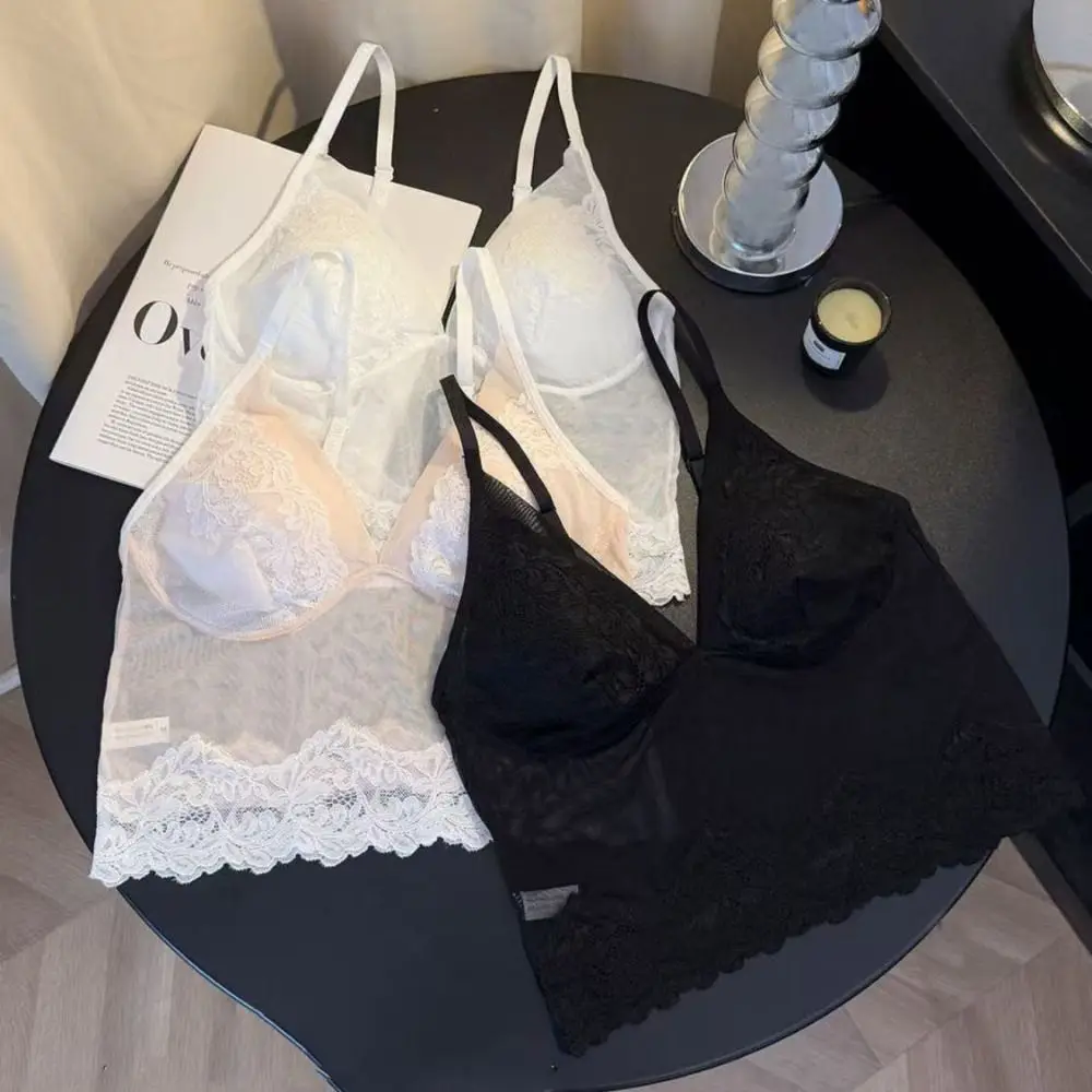 

Fashion Mesh Transparent Sleeveless Crop Top Seamless V Neck Women's Vest Top Undershirts Slim Fit Lace Camisole with Pads Girl