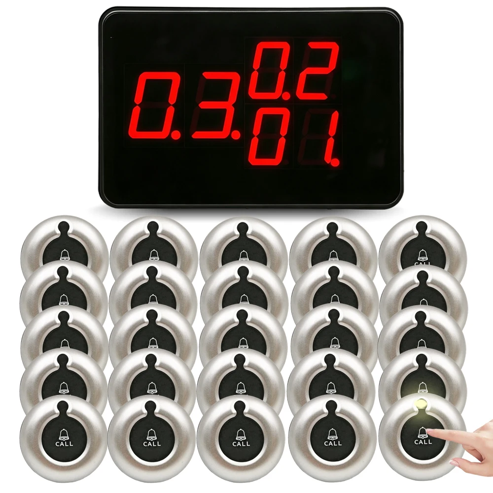 Wireless Call Bell Number System Restaurant Waiter Pager Machine SET 1 Receiver Monitor with 25 Vibration Bell Button Service