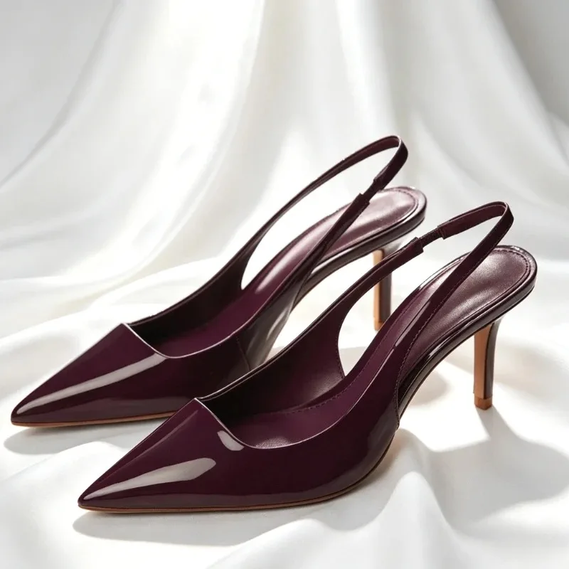 New Designer Burgundy High Heels for Women Luxury Patent Leather Backless Elegant Heeled Sandals Women Fashion Party Dress Pumps