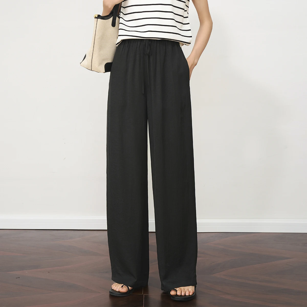 OLrain Black Casual Pants Women's Autumn Drawstring Straight 2025 New Thin Pants Female Clothing O57XK99181
