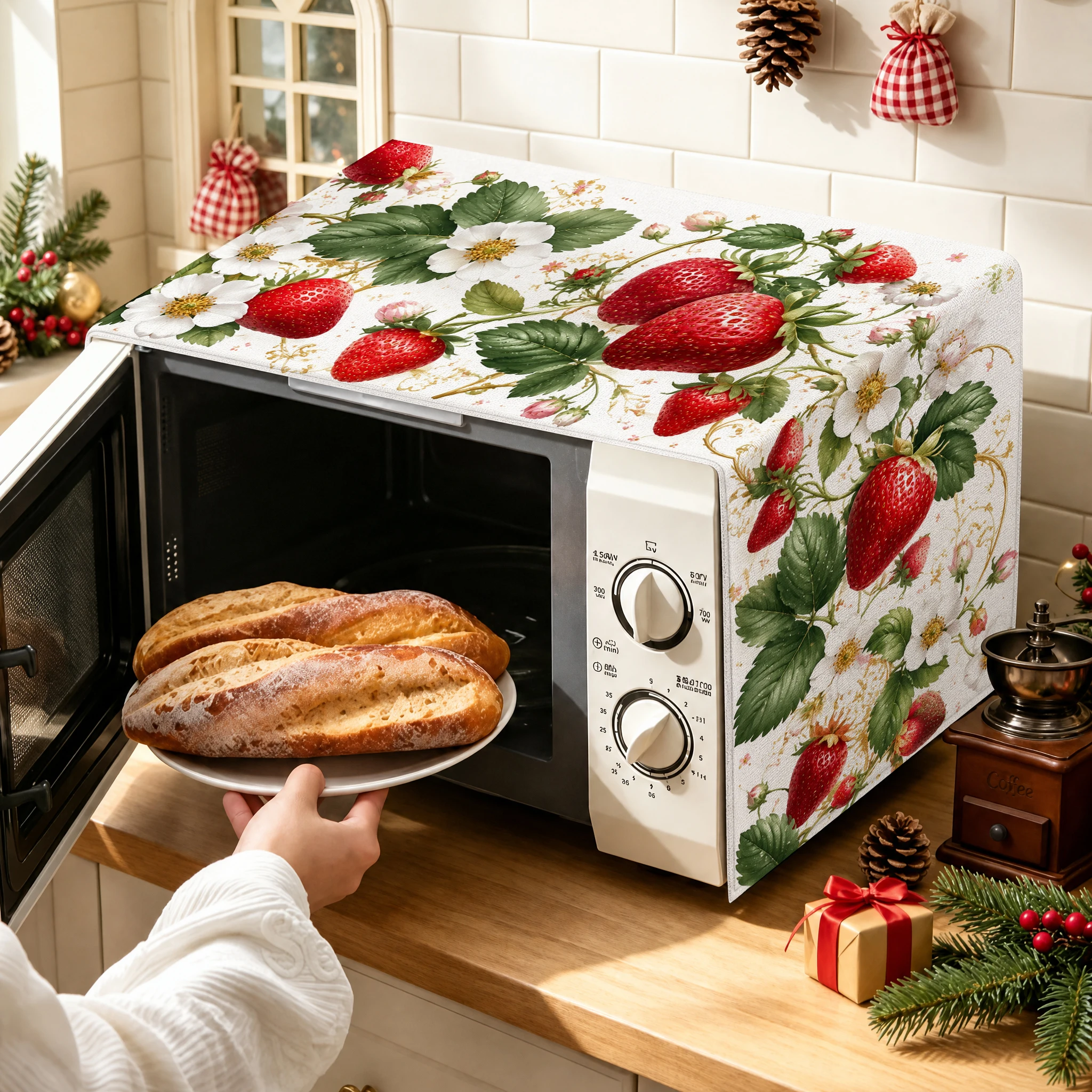 1pc Christmas Microwave Oven Cover, Vintage Floral Coffee Bread Print Kitchen Appliance Dust Protector