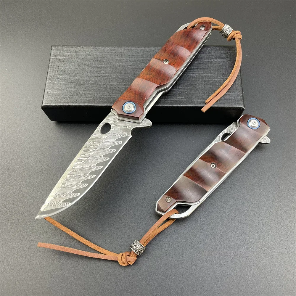 

Damascus Red Rosewood Folding Pocket Knife Sheath Outdoor Survival Camping Knives Hunting Tactical Tool Anniversary Man's Gifts