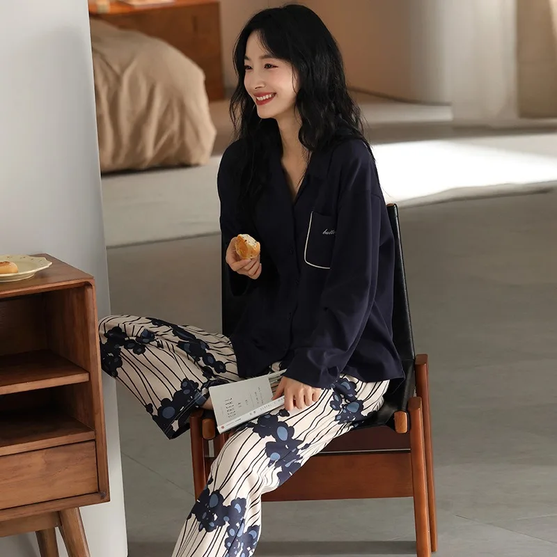 Women's Spring Autumn Pajamas High End Pure Cotton Long Sleeve Cardigan Fashionable Patterns Stylish Loungewear Outdoor Wear XXL