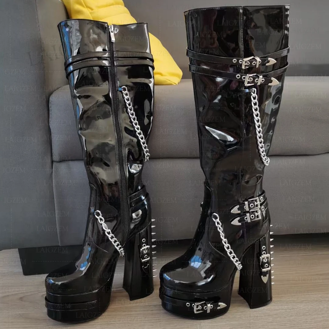 SEIIHEM Women Knee High Boots Studded Shiny Side Zip Up Thick High Heels Tall Boots Ladies Shoes Woman Large Size 41 43 45 47