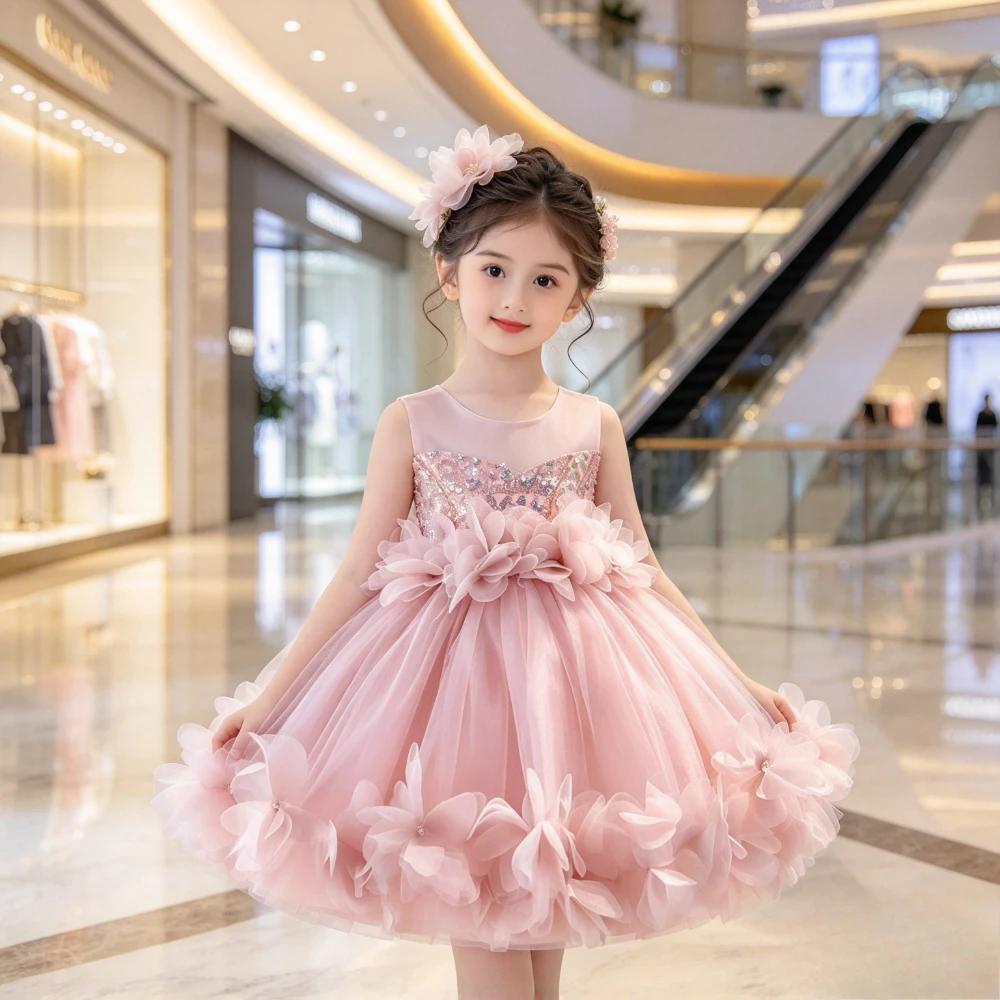 2026 Pink Floral Kids Girls Party DressFlower Girl Tutu Costume Children Piano Performance Host Princess Gown Birthday Wedding