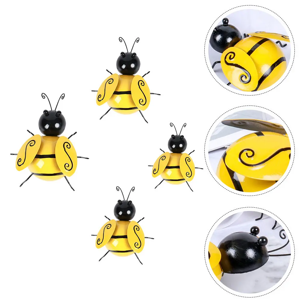 4Pcs Iron Bee Wall Hanging Creative Rustic Home Decor Yellow Bee Sculptures Indoor Decoration Artistic Wall Ornament