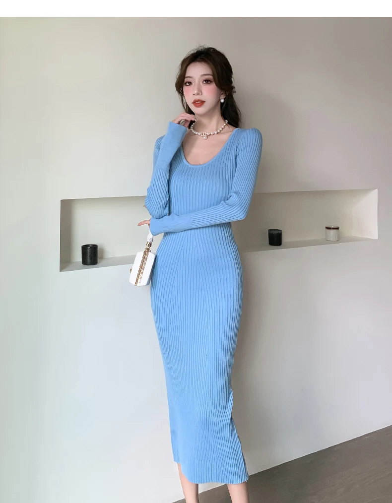 Langes Strickkleid für Damen 2026 Herbst Winter Neuerscheinung Langes Kleid mit Trompetenärmeln und V-Ausschnitt Koreanischer Stil Modisches Damenkleid – Detail 18