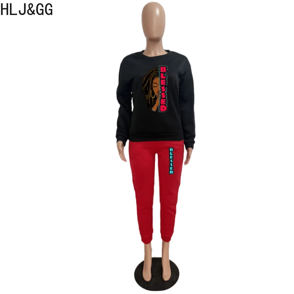 HLJ&GG Autumn Winter Letter Printing Tracksuits Women Round Neck Long Sleeve Pullover + Jogger Pants Two Piece Sets Outfits 2023