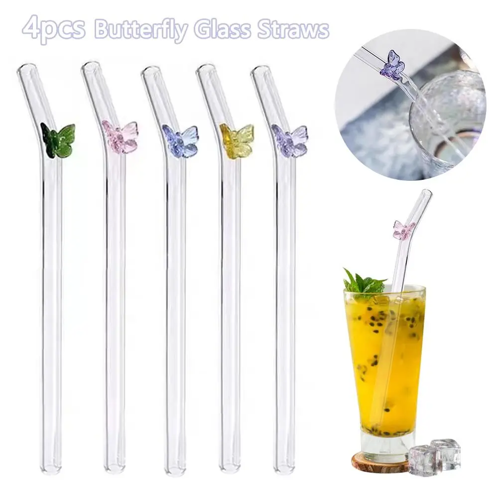 Party Cocktails Drinkware Butterfly Glass Straws Clear Straws Drinking Straw Straight Bend Straws