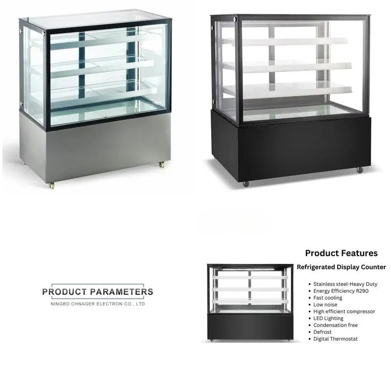 Black Square Heavy Duty Refrigerated Cake Display Counter Glass Bakery Showcase