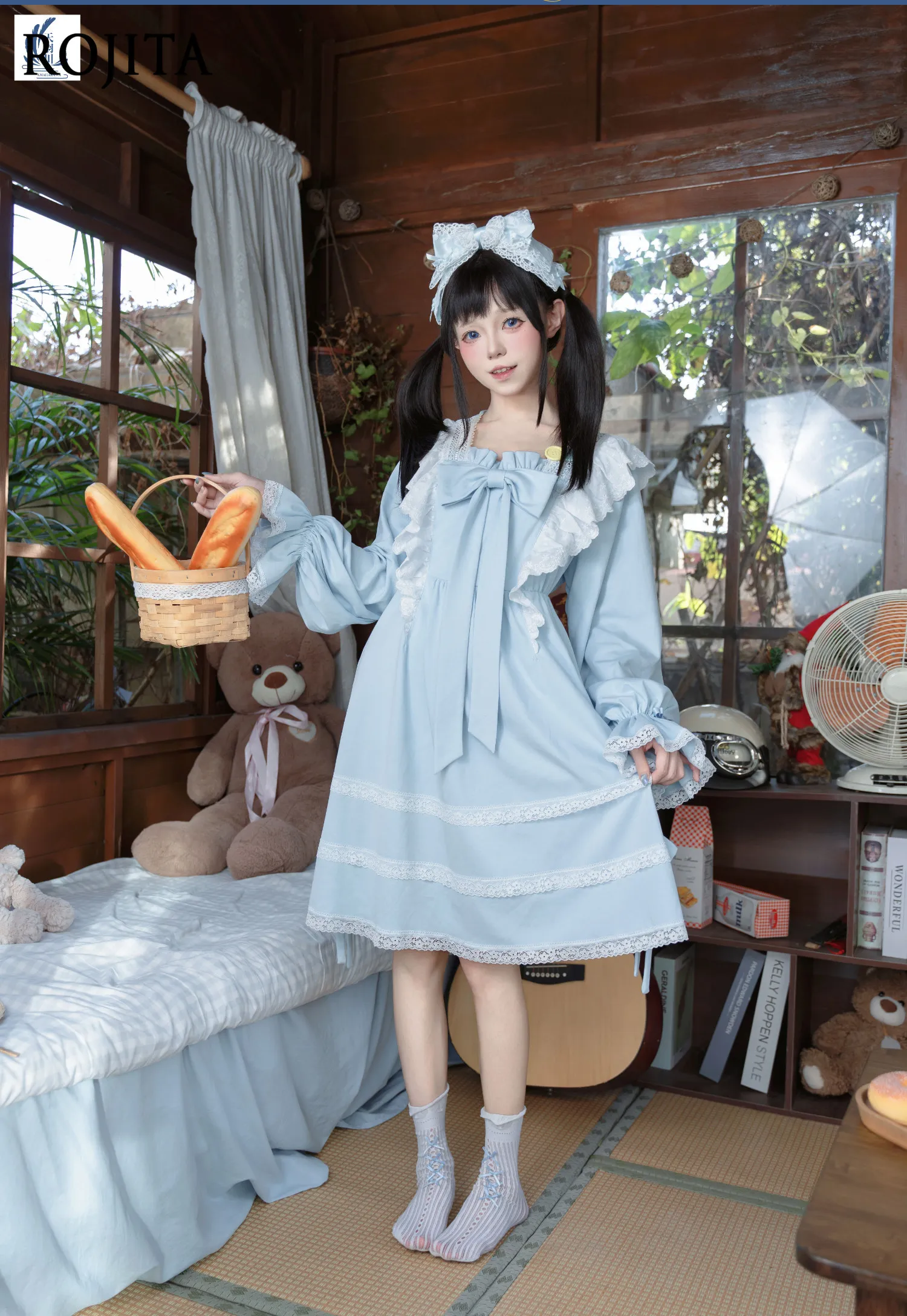 

Sweet Lolita Lace Ruffle Nightgown with Bow Decor Women's Cotton Blue Princess Style Lace Bow Can Be Worn Outside Loungewear