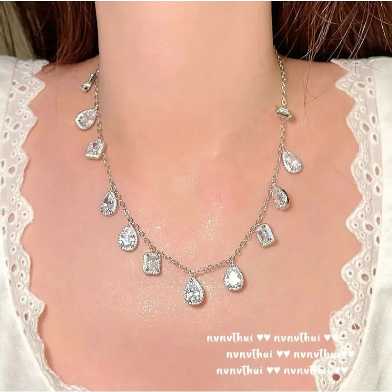 925 Silver Heavy Industry Light Luxury Necklace Ladies Banquet Exquisite Zircon Water Drop Square Cold Wind Clavicle Chain Gift