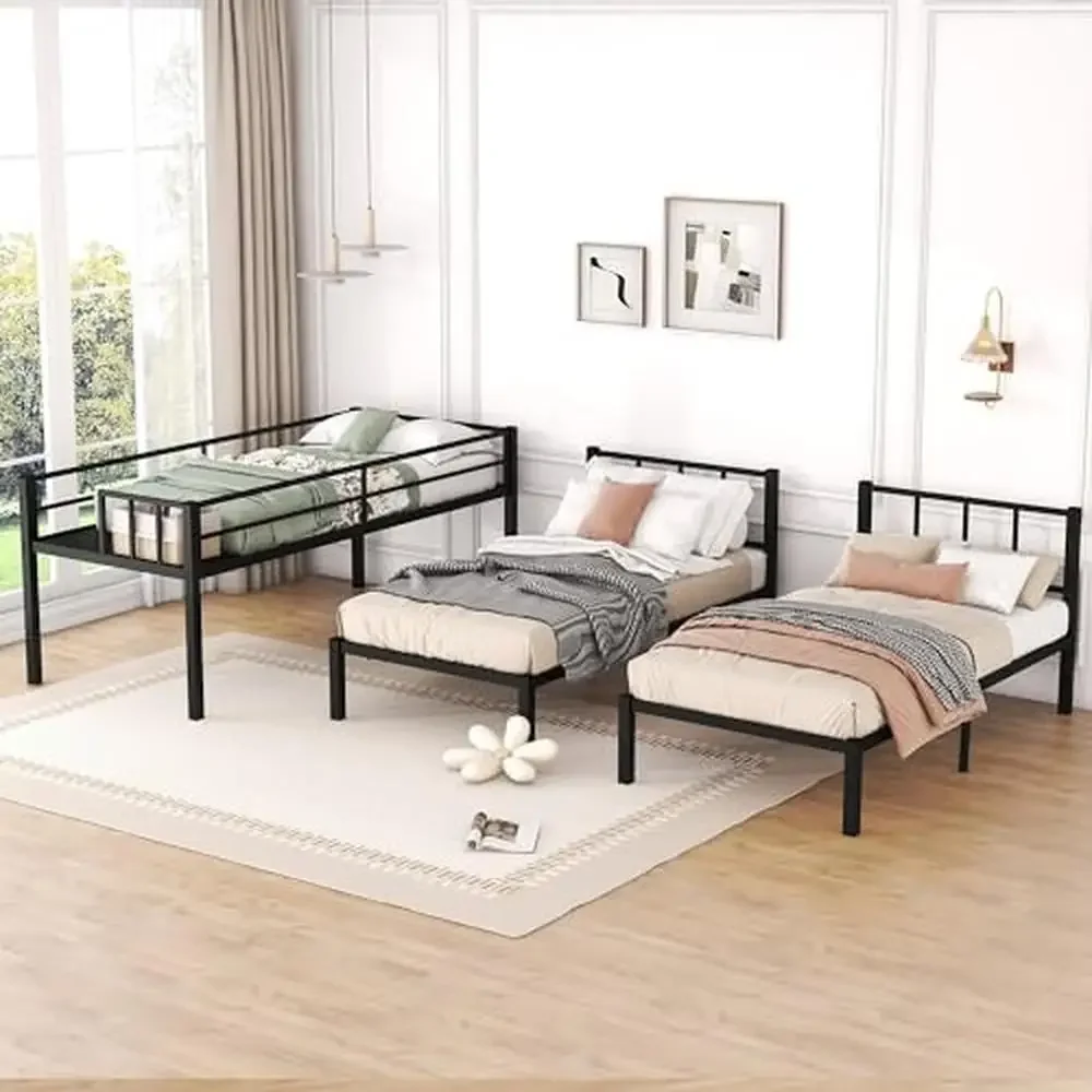 سرير معدني ثلاثي بطابقين للأطفال بثلاثة سرير بطابقين مع مكتب مدمج توأم فوق توأم يفصل إلى 3 توأم #4