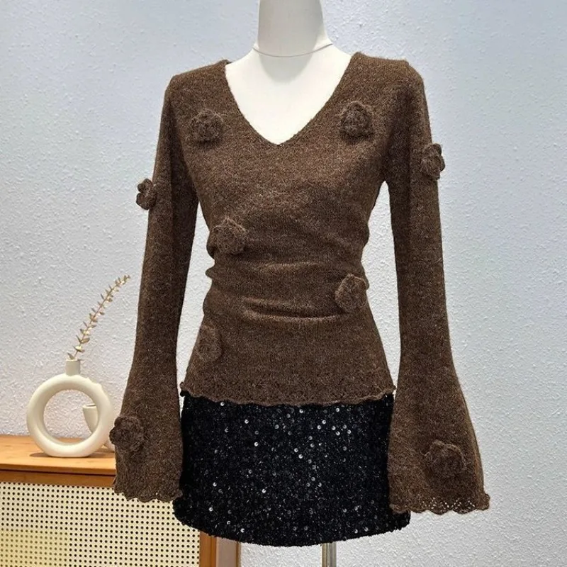 تصميم غربي عصري محبوك المرأة الخريف الشتاء أنيقة جرس كم سترة الخامس الرقبة الأعلى