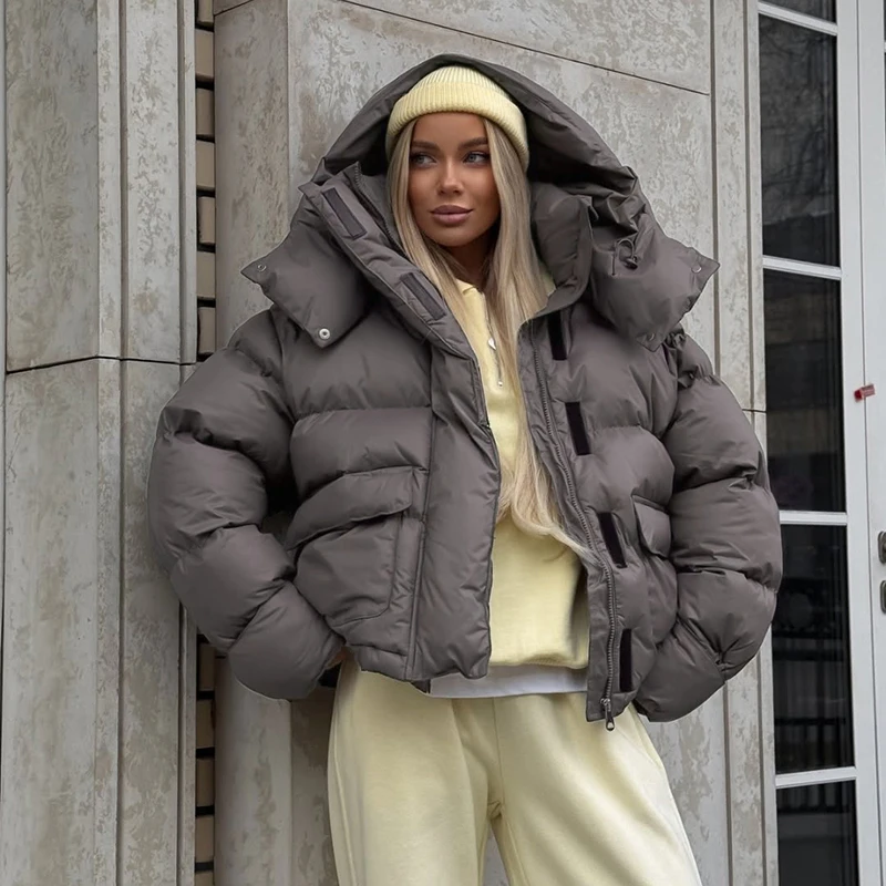 Kapuzenjacke mit Großen Taschen, Übergroße Gefütterte Jacken für Damen, Street-Style, Stehkragen, Lange Ärmel, Reißverschluss, Einfarbig, Lose Pufferjacken, Neue Oberbekleidung – Detail 1