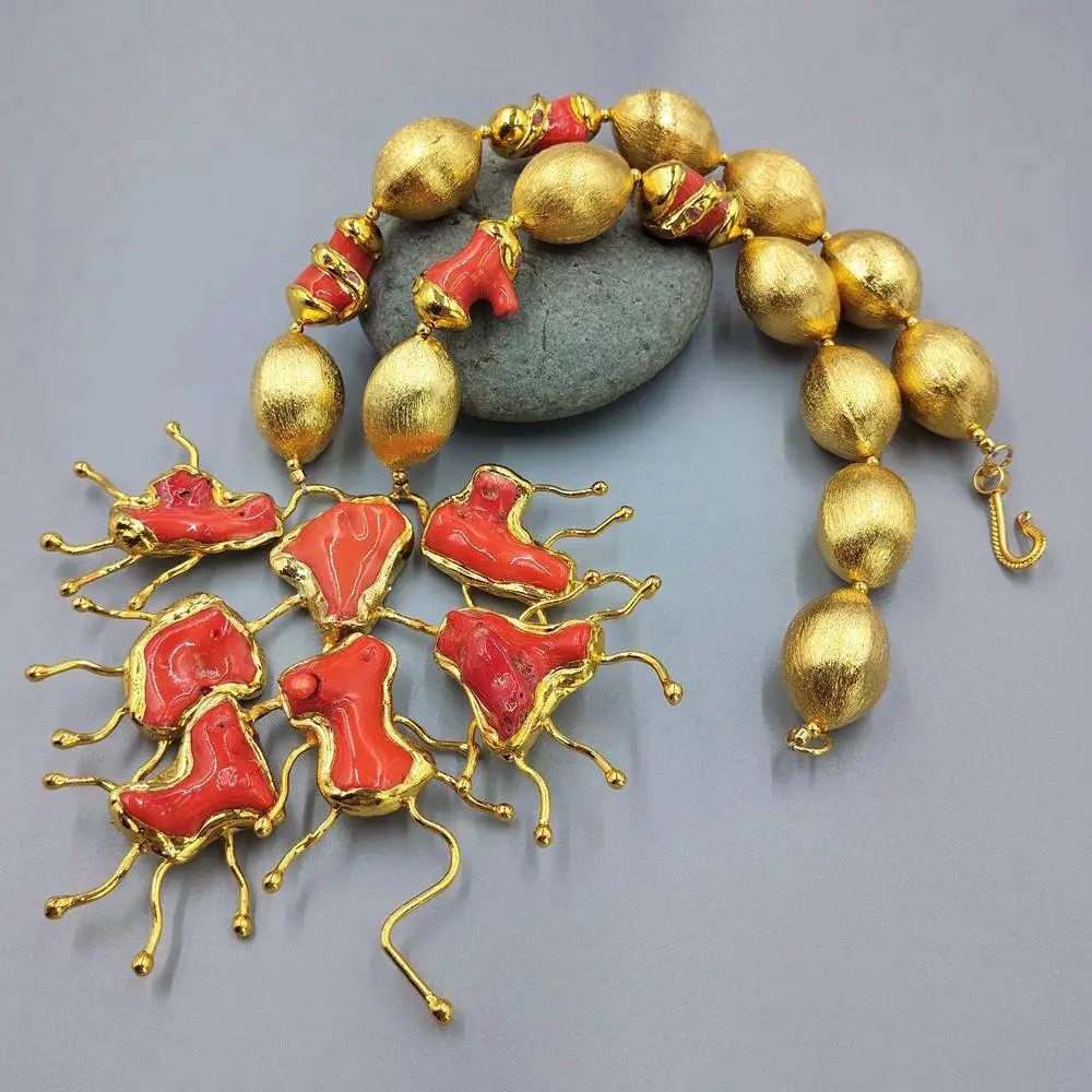 

Orange Coral Brushed Bead Necklace Big Coral Pendant Statement Jewelry Gift