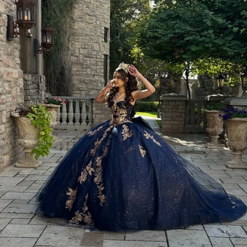 

Shiny Dark Blue Quinceanera Dresses off-shoulder Golden Glitter Crystal Decal Long tail Bow Vestido De 15 Quinceanera Customize