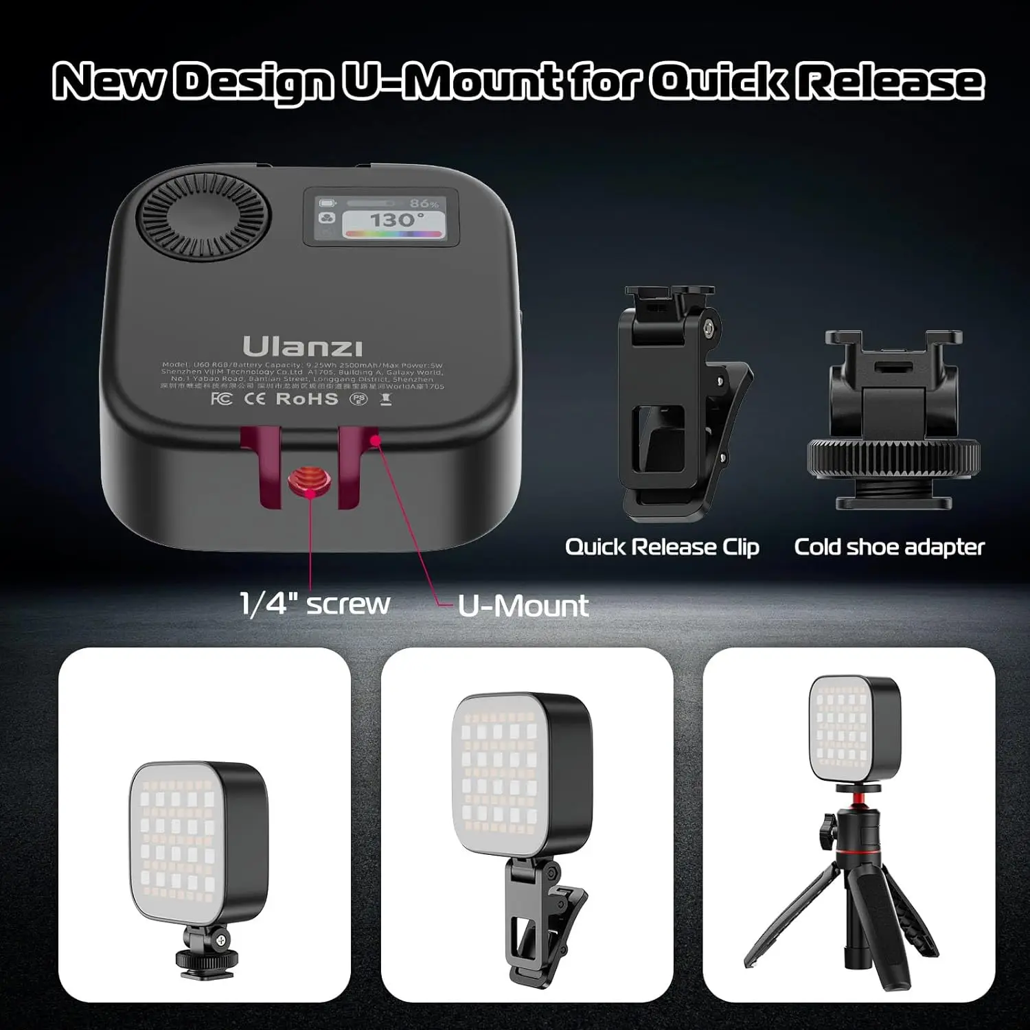 Ulanzi-Mini Pocket LED Video Lamp com Tela, U60, Recarregável, 9000K, Cold Shoe Mount, Painel RGB, Fotografia Luz, PK VL49 RGB