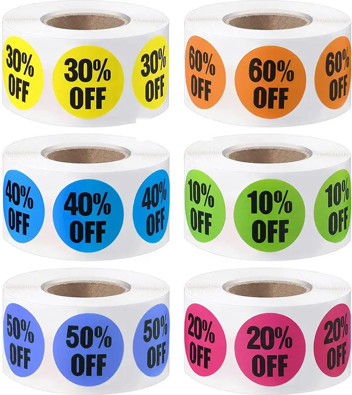 

500pcs 10 to 60 Percent Off Stickers Adhesive Clearance Discount Labels for Retail Store Promotion Sale Pricemarker Tag Sticker