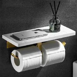 Bathroom Roll Paper Holder Aluminum & Marble Bath Mobile Phone Towel Rack Toilet Tissue Shelf Wall Mounted Luxury Brushed Gold