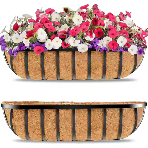 Window Planter Box Iron Window Deck Railing Planter with Coco Liner, Metal Horse Troughs Fence Planter for Outdoor Balcony
