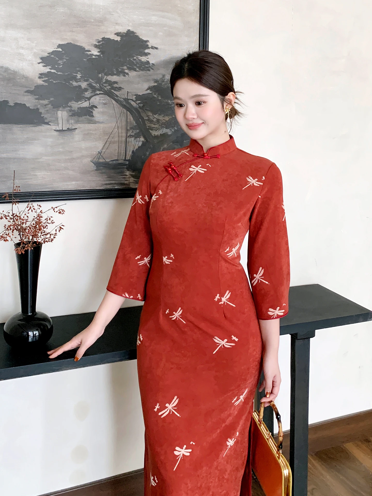 

Ele Red Chinese Sle Reformed Dr для женщин больших размеров с высокой талией X-образным принтом Street Faion Осенняя одежда