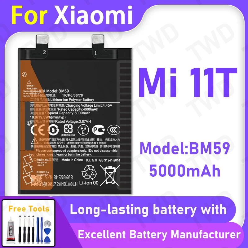 

100% New 5000mAh BM59 Battery For XIAOMI Mi 11T Replacement Bateria+Free Tools