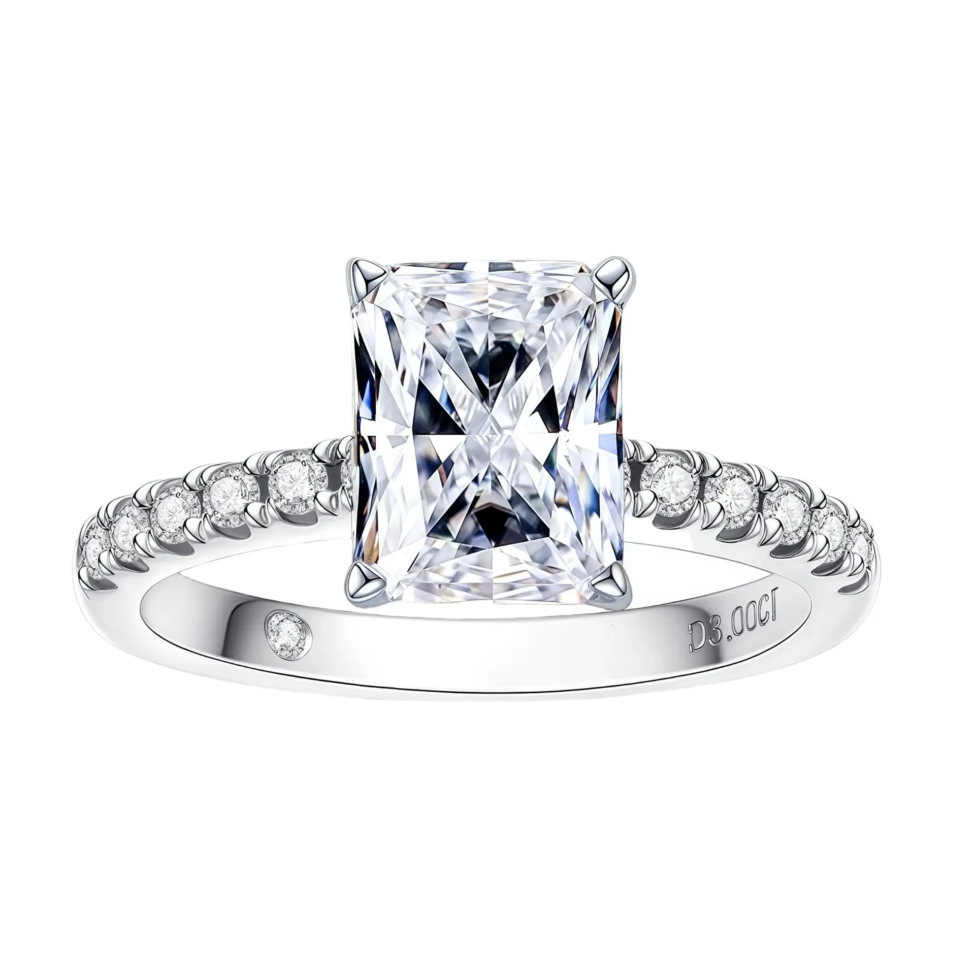 

Кольцо Carnica Radiant с 3-каратным камнем из настоящего муассанита для женщин, 100% стерлинговое серебро S925, сверкающее обручальное кольцо, ювелирное изделие, цвет GRA D