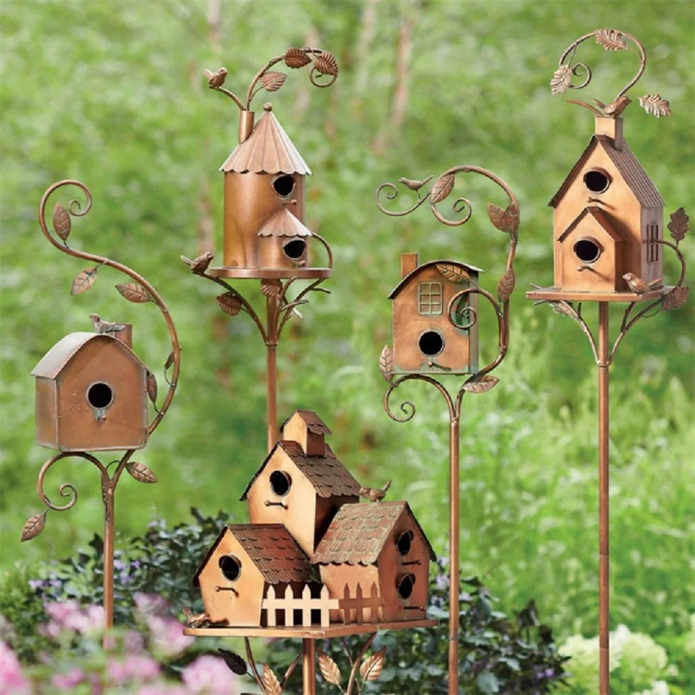 Garden Stake Birdhouse Attractive Bird Feeder Exquisite Outdoor Decor Metal Art With Rod Birdhouse Feeder For Home Garden Decora