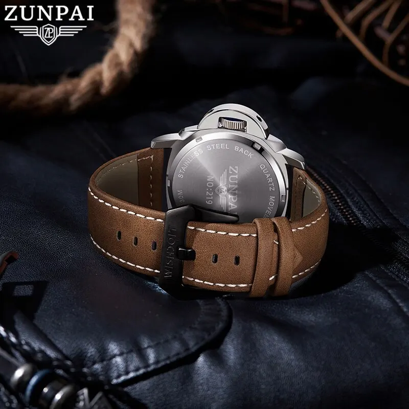 ZUNPAI Original Watch for Men Waterproof Sport Fashion Leather Strap Black Luminous Analog Baterai Quartz Wristwatches