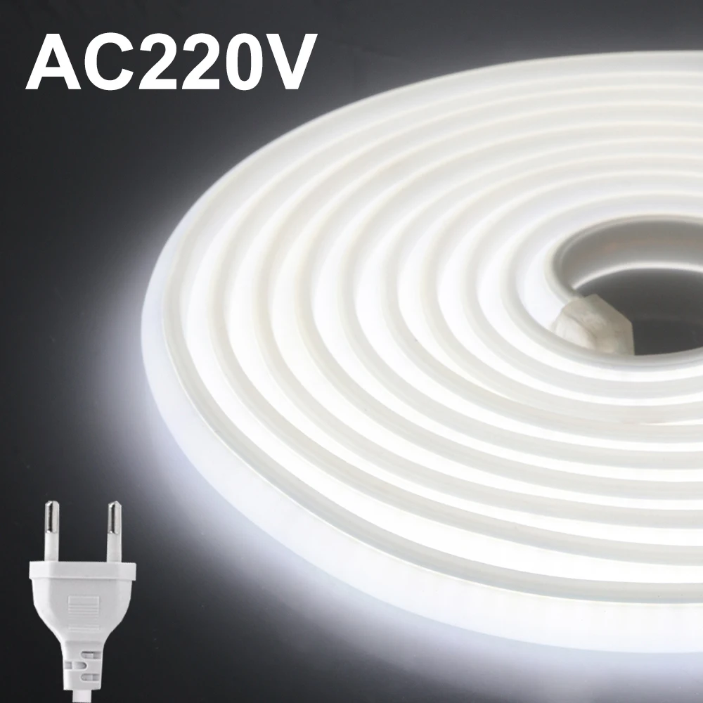 Tira de luz de neón COB de 220V 288LEDs 6-8W/m con enchufe europeo luz LED de neón Flexible impermeable uso exterior tira de neón COB 0,5-100M