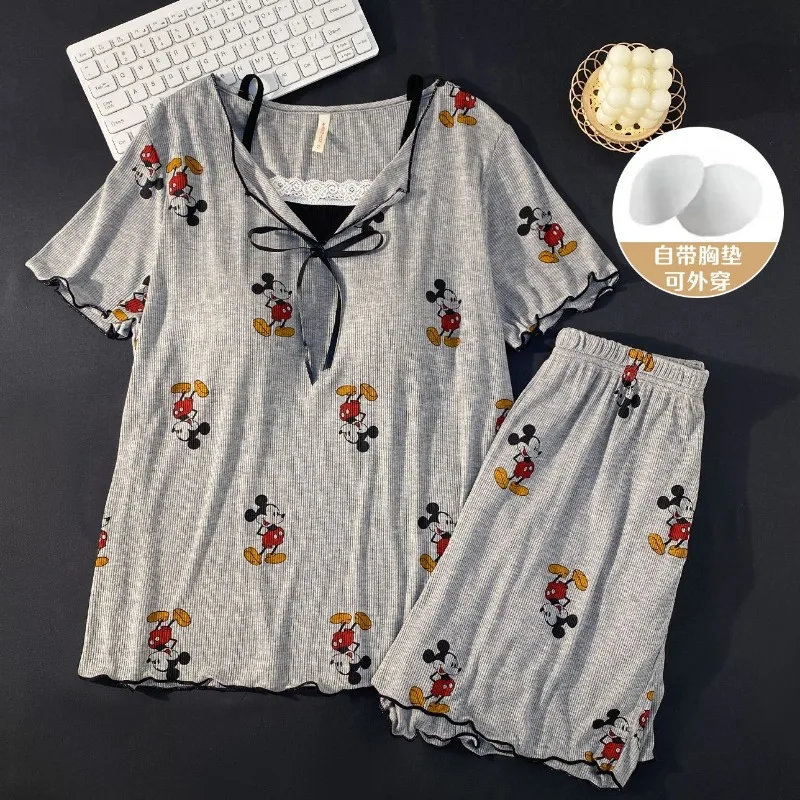 Disney Mickey Kawaii Pigiama Modale estivo Silhouette sottile con imbottitura sul petto Pantaloncini da casa casual Abbigliamento in due pezzi all'esterno