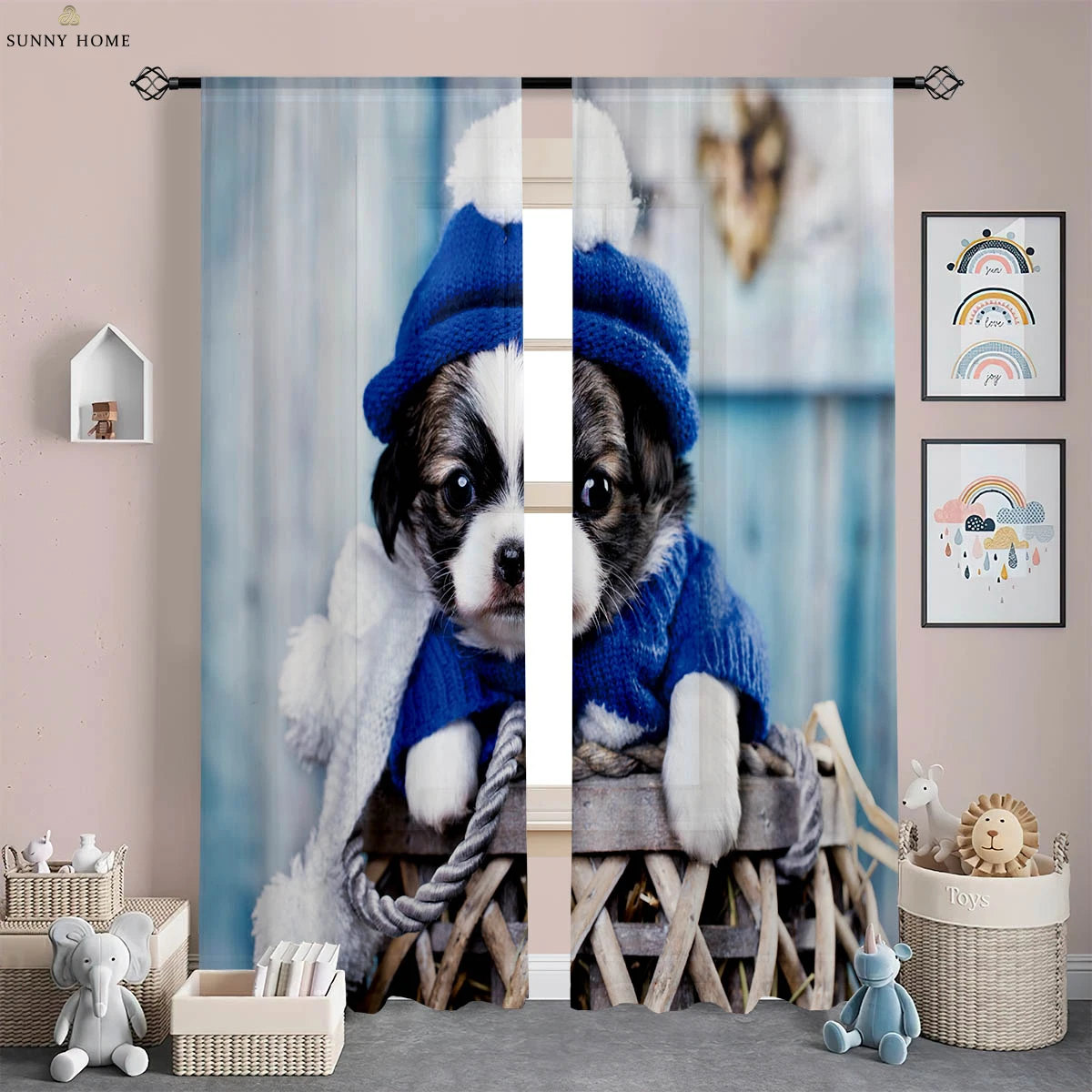 Window Curtains Cartoon Animal Dog Print Curtains Bedroom Living Room Kitchen Children's Room Decorative Curtains 2 Pieces