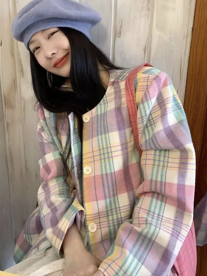 

Korean Fashion Y2k Tops French Women Elegant 2025 Autumn New Rainbow Stripe Checkered Button Suit Jacket Coat Office Lady Female