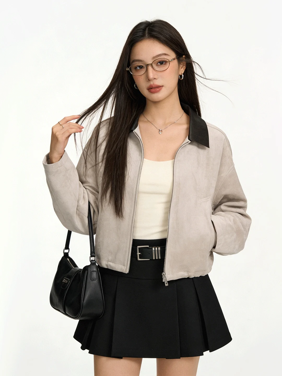 

Elegant Retro Spliced Short Suede Jacket Women's Early Spring Collar Versatile Jacket Top Korean Style Standard Fit