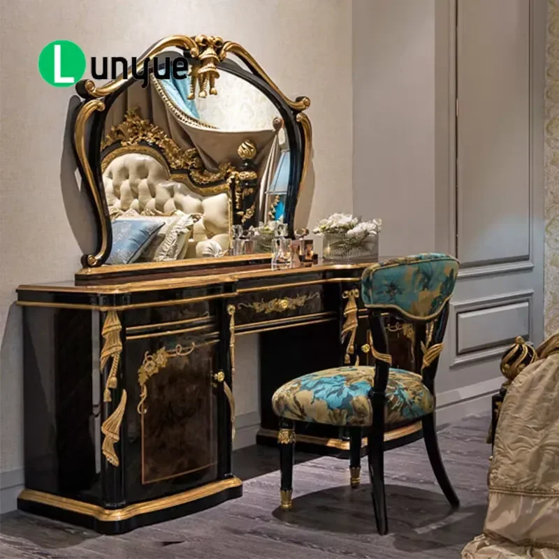 Luxury Antique Wooden Bedroom Dresser with Mirror Set High Quality Makeup Vanity Table Furniture for Home Decor Storage