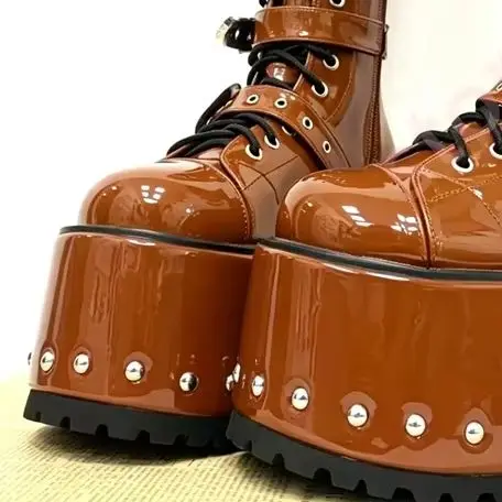 Patent Leather Knee High Platform Boots 2026 Multi Vintage Western Buckle Strap Lace Up Rivet Thick Sole Punk Goth Fashion Boots