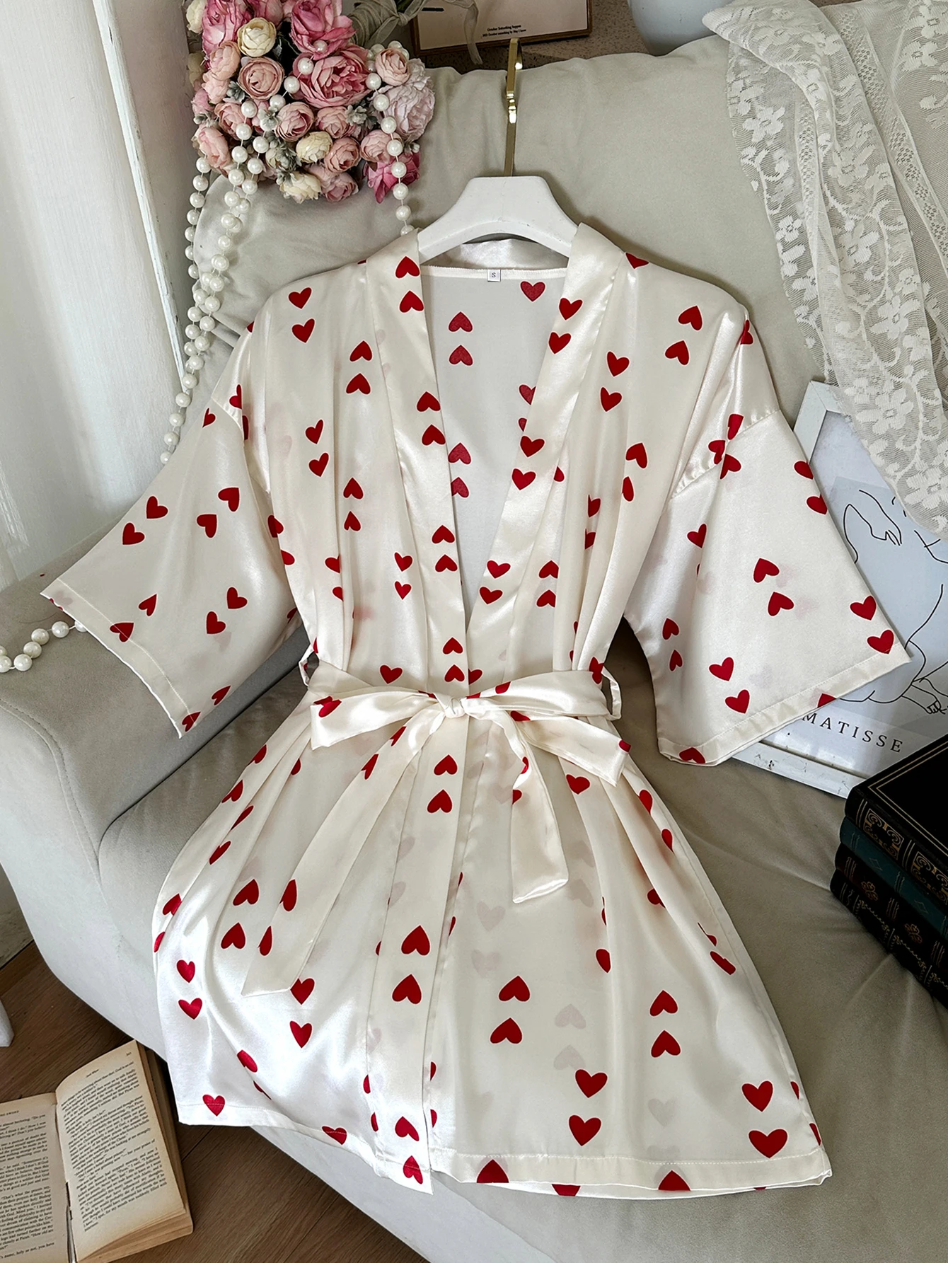 Autumn and Winter Women Satin Robe Heart Print Belted Nightgown Ladies Bathrobe Bridal Party Sleep Pajamas