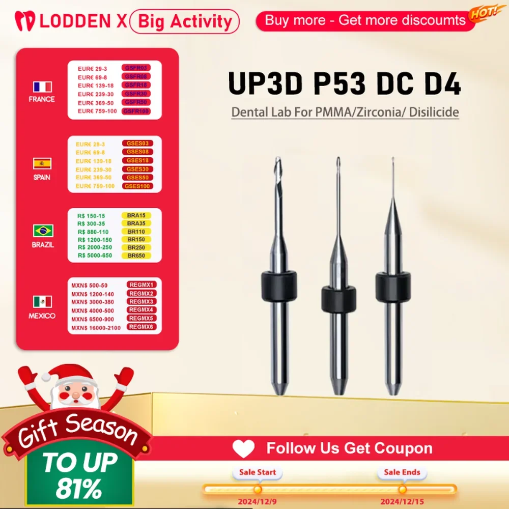 UP3D P52 P53 Dental Milling Burs for PMMA Zirconia Diamond Dental Materials D4 DC Coating CAD CAM System Dental Lab Cutter Tool