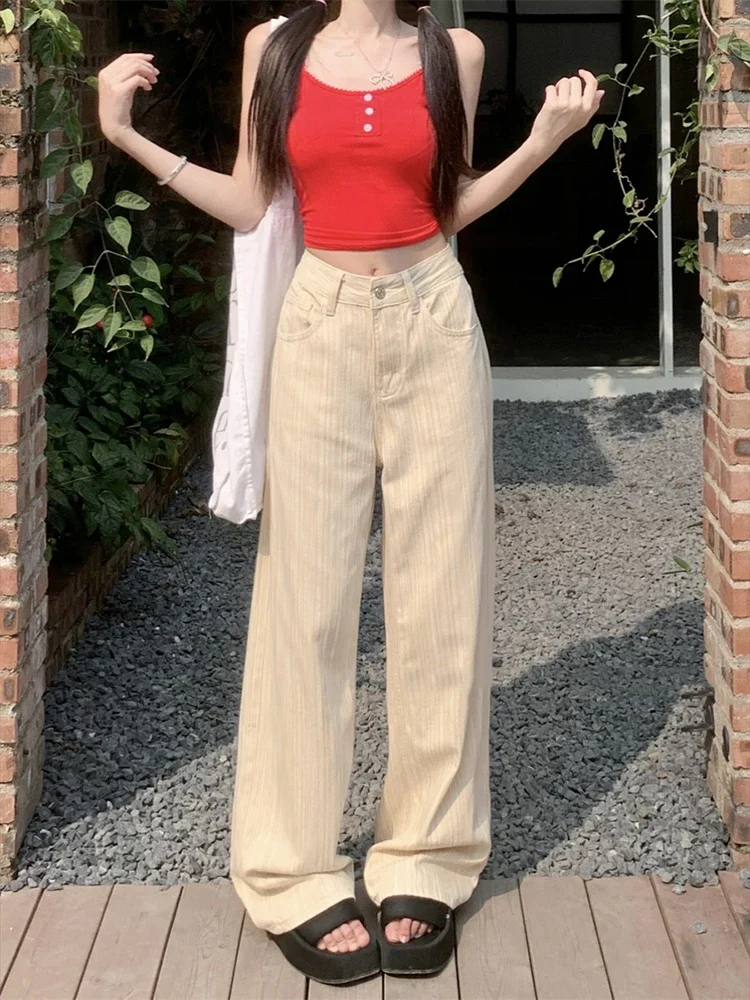 2024 Korean Style Spring Pink Women's White Wide-leg Jeans Minority Simple High Wasited Trousers