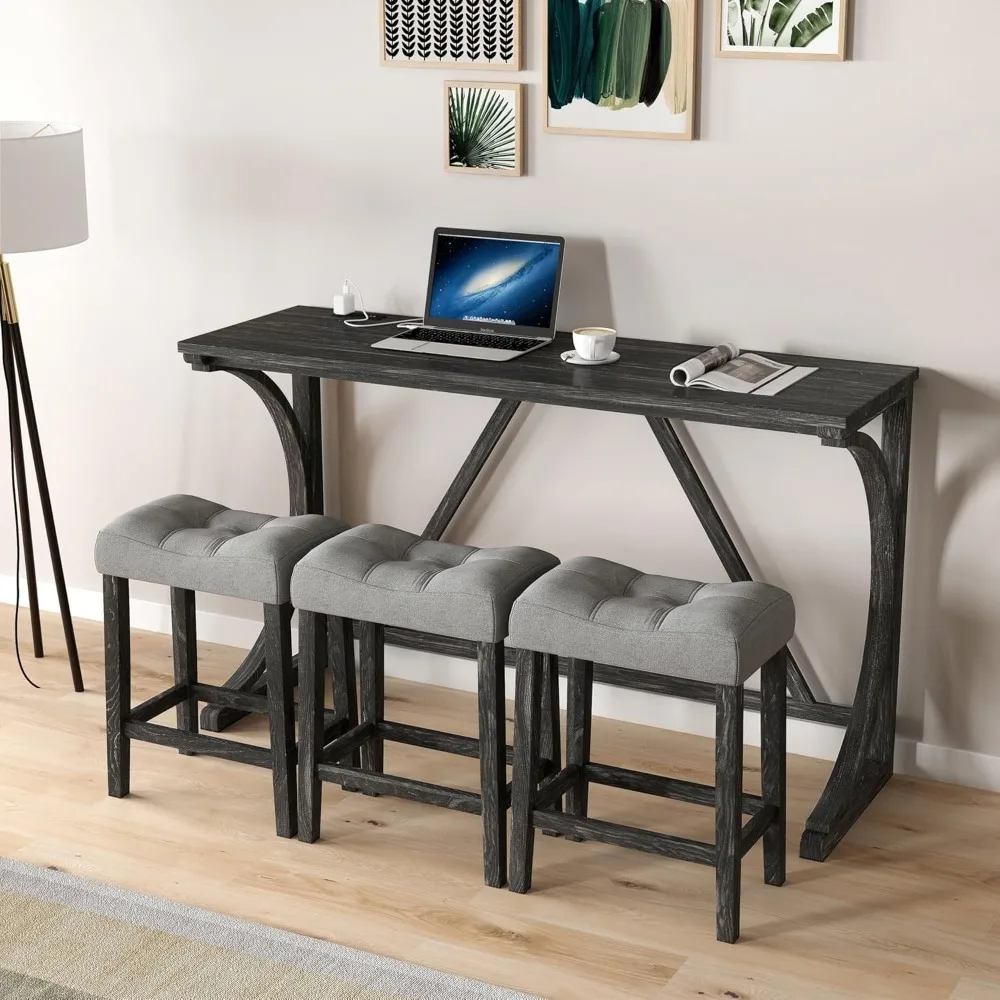 

Industrial 3-Person Counter Height Bar Table Set with Power Outlet, 4-Piece Dinette Set with Padded Seat Stools