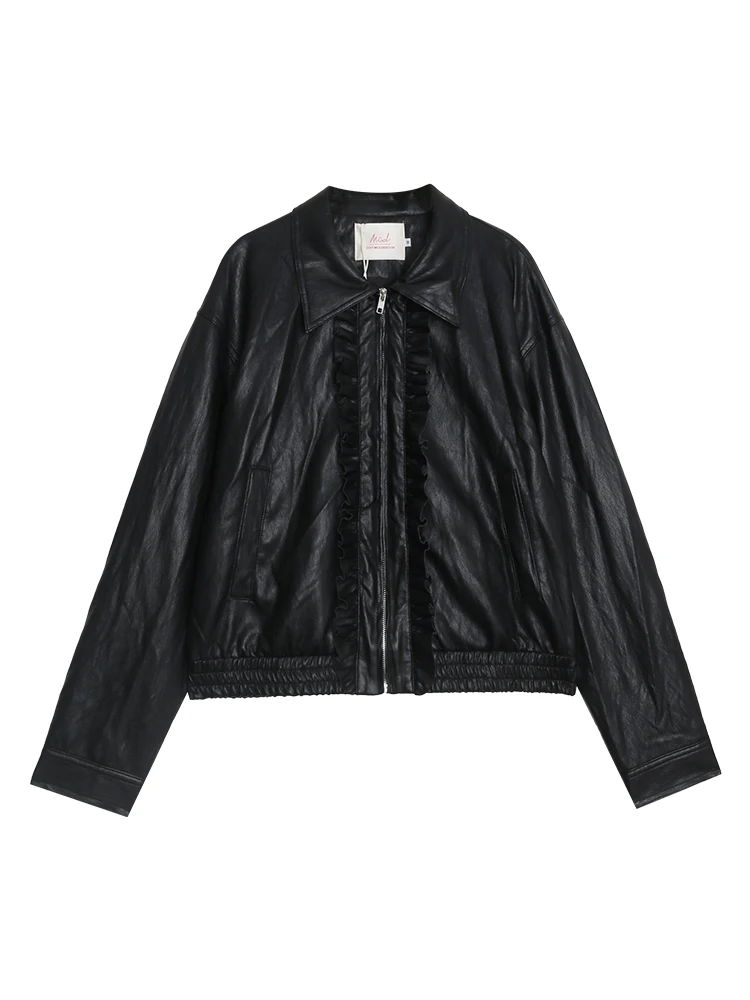 Zwart leren jack dames motorjas met rits, losse pasvorm, lange mouwen, kraag, bovenkleding, modieus voorjaar, nieuwe collectie